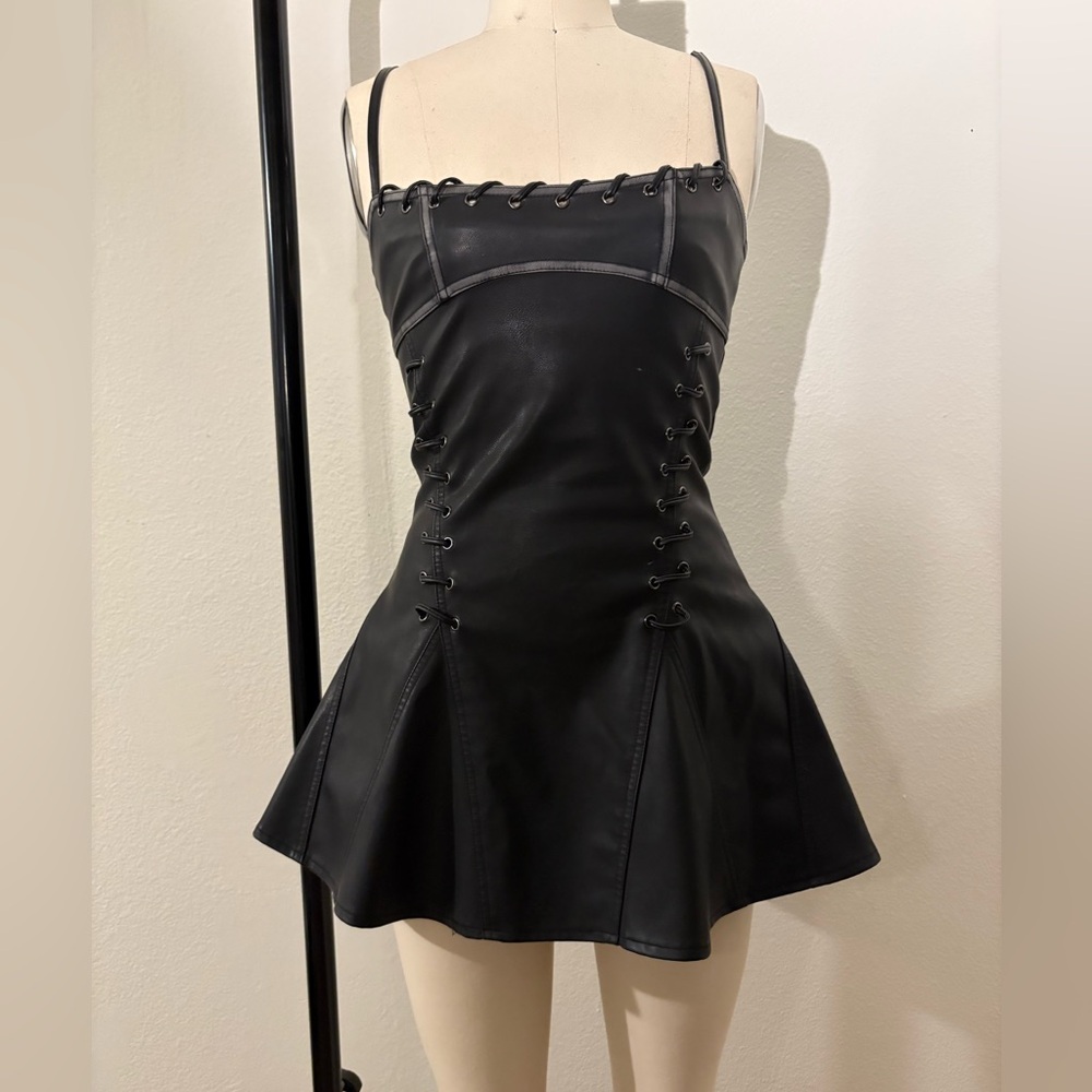 Black Corset-Style Leather Mini Dress